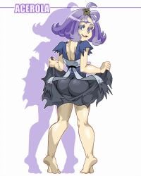 acerola_(pokemon) ass ass_focus back_view barefoot big_ass bubble_butt female female_focus female_only hair_ornament lifting_skirt looking_at_viewer pale-skinned_female pale_skin pokemon pokemon_sm purple_hair schlumper smug_face