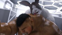 3d_(artwork) ad-games anthro bugrol_(ad-games) dark-skinned_male dark_skin digital_media_(artwork) dirk_(ad-games) duo fangs fur gay hi_res humanoid lagomorph leporid male male/male mammal muscular muscular_humanoid muscular_male orc orc_male rabbit teeth tongue tongue_out vein veiny_muscles