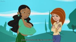 2girls boob_window casual_nudity clothed edit female female_only huge_breasts kim_possible kimberly_ann_possible monique_(kim_possible) nipples_visible_through_clothing no_bra screenshot_edit teasing the_phantom_editor_(artist) underboob
