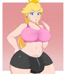 1futa balls balls_under_clothes blonde_hair blue_eyes breasts bulge clothing crop_top crown curvaceous curvy curvy_figure dickgirl ear_piercing earrings fit fit_futanari flaccid_cock flaccid_penis futa_only futanari g3mma gym_shorts gym_uniform hourglass_figure huge_breasts huge_bulge huge_cock hung_futanari lipstick long_hair looking_at_viewer mario_(series) midriff navel navel_piercing nintendo out_of_breath princess_peach shaved_crotch short_shorts simple_background solo solo_focus solo_futa standing sweat sweatdrop sweaty sweaty_balls sweaty_genitalia swelling thighs tight_clothing toned toned_female visible_breath voluptuous white_border wide_hips