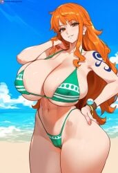 1girls ai_generated bare_arms bare_legs bare_shoulders bare_thighs beach big_breasts bikini bikini_bottom bikini_top blush breasts_bigger_than_head clothed clothing color darkmagic_ai female female_focus female_only hi_res large_breasts light-skinned_female light_skin long_hair looking_at_viewer massive_breasts nami nami_(one_piece) one_piece orange_eyes orange_hair post-timeskip sand sea shounen_jump solo solo_female tagme tattoo thick_thighs water