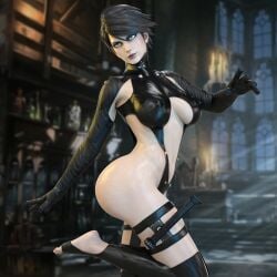 1girls 3d ass bayonetta bayonetta_(character) bayonetta_2 big_ass big_breasts black_hair blue_eyes eyeshadow feet female female_only latex light-skinned_female light_skin lipstick makeup nordfantasy pale pale-skinned_female pale_skin sega short_hair solo