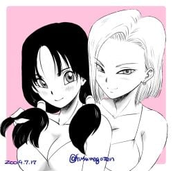 2girls adult age_difference android_18 bikini bikini_top_only breasts cleavage closed_mouth dragon_ball dragon_ball_z earrings fusumagoten greyscale jewelry long_hair looking_at_viewer medium_breasts monochrome multiple_girls older_female playing_with_hair short_hair smile swimsuit teenager twintails videl younger_female yuri