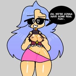 big_ass big_breasts blue_hair heart-shaped_pupils impending_sex rameny_(artist) shackle taking_clothes_off text thick_thighs