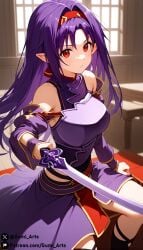 ai_generated armor detached_sleeves dress gumi_arts hair_ornament hairband holding_sword indoors konno_yuuki large_breasts long_hair looking_at_viewer pointy_ears purple_armor purple_dress purple_hair red_eyes stable_diffusion sword sword_art_online thick_thighs