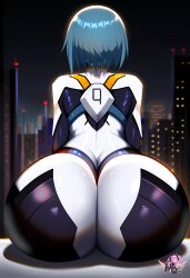 1girls ai_generated artist_logo ass ass_focus back_view big_ass blue_eyes blue_hair bodysuit butt_focus female female_only highres huge_ass huge_butt madoka_worship magical_girl mahou_shoujo_madoka_magica miki_sayaka puella_magi_madoka_magica short_hair solo tight_clothing