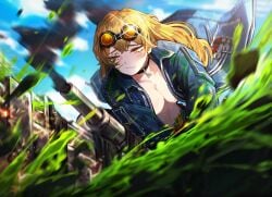 1girls blonde_hair blush breasts cleavage clothing coat edit female female_only goggles goggles_on_head limbus_company long_hair open_mouth project_moon rule_63 sinclair_(limbus_company) yellow_eyes