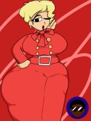 big_breasts blonde_hair cosplay fat_ass hand_on_hip insanepersonart marge_simpson_(smiling_friends) red_lipstick smiling_friends thick_thighs wide_hips