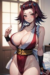 1girls abdomen ai_generated akiza_izinski athenaasamiya blush brown_eyes female huge_breasts izayoi_aki king_of_fighters looking_at_another mai_shiranui_(cosplay) red_eyes smile solo sweatdrop voluptuous yu-gi-oh! yu-gi-oh!_5d's