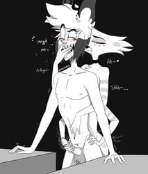 2boys 4_arms alastor_(hazbin_hotel) anal anal_sex angel_dust_(hazbin_hotel) balls black_and_white blush bodily_fluids choker deer demon erect_penis erection finger_in_mouth from_behind hand_on_face hand_on_hip hand_on_penis hand_on_stomach handjob hazbin_hotel hc4art looking_at_partner looking_back looking_pleasured male male_only one_eye_closed open_mouth penis reach_around saliva saliva_trail sharp_teeth spider standing standing_sex text vivienne_medrano yaoi