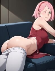 1girls ai_generated ass ass_focus bent_over big_ass blush bob_cut boruto:_naruto_next_generations breasts bubble_ass bubble_butt clothing couch exposed_ass facial_mark female female_focus female_only forehead_mark from_behind green_eyes hairband holos46 huge_ass kneeling light-skinned_female light_skin long_hair looking_at_viewer looking_back mooning nai_diffusion naruto naruto_(series) no_panties on_couch one_eye_closed petite pink_hair presenting presenting_ass sakura_haruno shoulder_length_hair showing showing_ass showing_off showing_off_ass smile solo solo_focus stable_diffusion white_skin wink