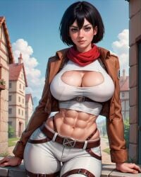 abs ai_generated attack_on_titan bangs big_breasts black_hair blue_eyes boob_window breasts cleavage_cutout female hair_between_eyes large_breasts lips looking_at_viewer mikasa_ackerman navel red_scarf scarf shingeki_no_kyojin short_hair solo standing stomach thick_thighs toned zaloran