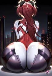 1girls ai_generated artist_logo ass ass_focus back_view big_ass black_ribbon butt_focus female female_only hair_ribbon highres huge_ass huge_butt long_hair long_ponytail madoka_worship magical_girl mahou_shoujo_madoka_magica ponytail puella_magi_madoka_magica red_eyes red_hair sakura_kyouko solo