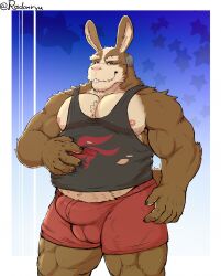 2024 anthro areola balls_outline barazoku belly biceps big_bulge big_muscles blue_background border buckteeth bulge claws clothing detailed_background detailed_bulge erection erection_under_clothing eyebrows fur gay genital_outline headgear hi_res homosexual huge_bulge huge_muscles kemono lagomorph leporid looking_at_viewer male male_focus male_only mammal manly mature_anthro mature_male musclegut muscular muscular_anthro muscular_male nintendo nipples pecs penis_outline peppy_hare rabbit radonryu shirt signature simple_background smile solo standing star_fox tank_top teeth thick_thighs topwear tuft underwear white_border