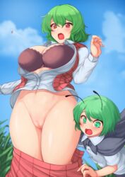 2girls assisted_exposure big_breasts bra bursting_breasts button_pop censored censored_pussy exposed_pussy female female_only green_hair mostly_clothed no_panties outdoors outside pantsing pulling_clothing pulling_down_pants sadahiro_(chicken_nugget_gyuuniku_aji) short_hair suprised tagme touhou undressing undressing_another wriggle_nightbug yuka_kazami