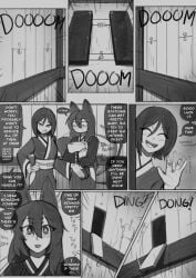 2girls absurdres bad_link comic dialogue english_text fox_ears fox_girl fox_tail highres monochrome tagme trevobutevil wagging_tail