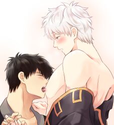 2boys black_hair blush closed_eyes gay gintama gintoki_sakata hijikata_toshiro holding_hands interlocked_fingers licking_male_nipple light-skinned_male light_skin male male_only natsugin77 nipple_licking off_shoulder pale-skinned_male pale_skin shinsengumi_(gintama) upper_body wearing_others_clothes white_hair yaoi