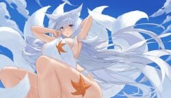 1girls absurdres animal_ear_fluff animal_ears arm_behind_head armpits arms_up azur_lane bikini blue_eyes blue_sky blush breasts covering covering_breasts curvy female fox_ears fox_girl fox_tails grey_hair highres huge_ass huge_breasts huge_thighs light-skinned_female light_skin long_hair multiple_tails nail_polish nick_lao_jiao1 official_alternate_costume painted_nails plump sakura_empire_(azur_lane) shinano_(azur_lane) shinano_(dreamy_white_sands)_(azur_lane) sitting sky slender_waist solo starfish swimsuit thick_thighs towel voluptuous white_bikini white_hair wide_hips widescreen