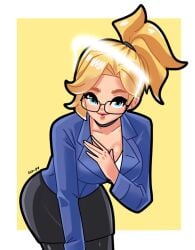 angela_ziegler blonde_hair blue_eyes glasses looking_at_viewer low_cut_shirt mercy mercy_(overwatch) necklace office_lady overwatch overwatch_2 selvish94 suit yellow_hair