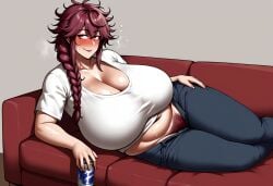 1girls ai_generated beer beer_can belly blush braided_hair cleavage couch drunk excessive_pubic_hair female female_pubic_hair gigantic_breasts holding holding_beer holding_object laying_on_couch laying_on_side lipstick long_hair maroon_hair mature_female messy_hair midriff milf original pants plump pubic_hair sagging_breasts self_upload shirt sweat sweaty thiccwithaq_(ai_style) thick_thighs unartist unzipped_pants white_shirt