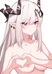 arknights breasts bright_pupils brown_horns closed_mouth collarbone cute ear_piercing earrings eyes_visible_through_hair female grey_hair hair_between_eyes heart heart_hands highres horns jewelry long_hair looking_at_viewer medium_breasts mudrock_(arknights) nipples nude piercing pointy_ears red_eyes sidelocks simple_background smile solo split_mouth twilight_(cgkk4357) upper_body white_background white_pupils