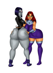 2girls allop ass ass_focus ass_grab ass_worship big_ass big_breasts big_butt butt_grab dat_ass dc dc_comics green_eyes grey_skin hair huge_breasts huge_butt leotard looking_at_viewer pinup presenting_hindquarters purple_eyes purple_hair rachel_roth raven_(dc) red_hair smile starfire straight_hair teen_titans thick_ass thick_legs thick_thighs voluptuous white_background