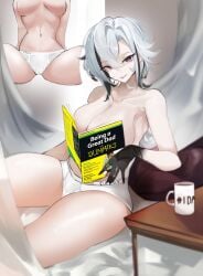 1girls arlecchino_(genshin_impact) big_breasts breasts briefs camel_toe cameltoe coffee_mug genshin_impact kobayashii-sann laying_on_bed male_underwear reading solo solo_female thick_thighs thighs tighty_whities topless topless_female underwear underwear_only