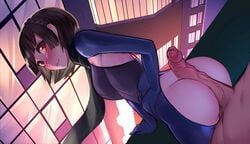 1boy 1girls ass assjob black_hair blush bodysuit buttjob clothing faceless_male hot_dogging human looking_at_viewer looking_back makoto_niijima penis penis_on_ass persona persona_5 phantom_thief_suit red_eyes scarf short_hair skin_tight sunsetniva torn_clothes