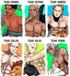 6boys abs anders_(dragon_age) assassin bald bara beard_stubble beauty_mark biceps bisexual_male black_hair blonde_hair blue_eyes body_tattoo brown_eyes chest_tattoo crow cullen_rutherford dark-skinned_male dark_hair dark_skin dorian_pavus dragon_age dragon_age_2 dragon_age_inquisition dragon_age_origins elf elf_ears elf_male face_tattoo facial_hair feline fenris_(dragon_age) gay_male green_eyes grey_hair human light-skinned_male light_skin lion long_hair looking_at_viewer mage male male_only mole moustache multiple_boys muscles muscular muscular_male nipples pecs pointy_ears purple-meow scar shirtless shirtless_male snake solas straight_male stubble text video_games warrior wolf zevran_arainai