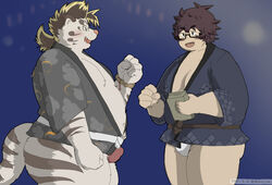 2021 2boys anthro asian_clothing belly blush book clothing duo east_asian_clothing eyewear felid fundoshi fur furufumi_(tokyo_afterschool_summoners) glasses happi_(clothing) hi_res human humanoid_hands japanese_clothing kemono licho_(tokyo_afterschool_summoners) male male_only mammal moujya overweight overweight_male pantherine tiger tokyo_afterschool_summoners underwear video_games white_body white_fur