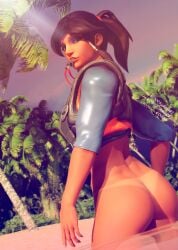 1girls avatar_legends back black_eyeshadow bottomless breasts butt dark-skinned_female dark_skin dutch_angle eyeliner eyeshadow female hair_ornament hair_tie hair_tubes korra korra_amari legs life_jacket lifeguard looking_at_viewer looking_back mascara ocean outdoors overwatch overwatch_2 pharah ponytail sea shirt sidelocks solo summer tanline the_avatar the_legend_of_korra tri_tails tropical water_tribe whistle