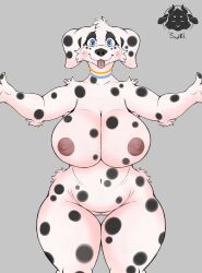 anthro big_breasts blush blushing_at_viewer body_hair breasts canid canine canine_ears canis clothed clothing collar curvy_figure dalmatian domestic_dog erect_nipples eyes_blues female fur fur_collar hi_res huge_breasts mammal markings nipples solo spots spotted_body spotted_fur sukibrillitos underwear underwear_only voluptuous voluptuous_anthro voluptuous_female wide_hips