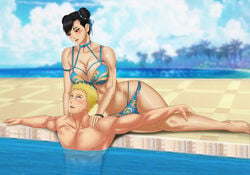 1boy 1boy1girl 1girls amenoosa black_hair blonde_hair breasts busty capcom chun-li crossover female light-skinned_female light-skinned_male light_skin male male/female naruto naruto_(series) naruto_shippuden ninja policewoman short_hair straight street_fighter swimsuit swimwear uzumaki_naruto voluptuous