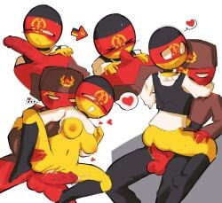 >_< ... 1boy 1girls arms_around_neck black_socks blowjob blushing breasts countryhumans countryhumans_girl cum cum_in_pussy cum_inside cumming east_germany_(countryhumans) female flustered heart holding_leg kneesocks male one_eye_closed oral penis red_body sleepserumm smiling socks soviet_union_(countryhumans) sucking_penis sweating tagme tears thick_thighs white_shirt yellow_body