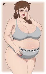 1girls beauty_mark belly big_belly big_breasts breasts brown_hair cleavage female gigantic_breasts glasses huge_breasts mature_female pregnant solo truewaifu