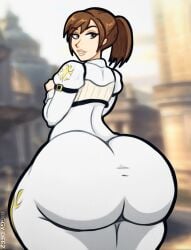 1girls ass big_ass biggy_deez brown_hair bubble_butt clothing devil_may_cry devil_may_cry_4 fat_ass female female_only huge_ass kyrie_(devil_may_cry) large_ass looking_at_viewer looking_back solo thick_ass thick_thighs wide_hips