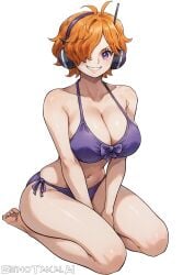 1girls ai_generated bare_arms bare_legs bare_shoulders bare_thighs big_breasts bikini blush bra clothed clothing color female female_focus female_only hi_res large_breasts light-skinned_female light_skin looking_at_viewer one_piece one_piece:_egghead_arc orange_hair panties purple_eyes senotakai_ai short_hair shounen_jump solo solo_female swimsuit tagme thick_thighs underwear vegapunk_lilith