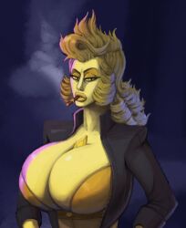 1girls alien alien_girl alien_humanoid big_breasts breasts cartoon_network cigar cigar_in_mouth diamond_authority female fully_clothed gem_(species) goes_hard huge_breasts humanized leather_jacket plump_lips putricia smoking steven_universe yellow_diamond_(steven_universe)