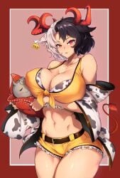 1girls baby big_breasts breasts cow_girl cow_print haori huge_breasts light-skinned_female light_skin mature_female milf run short_hair short_shorts shorts touhou urumi_ushizaki wide_hips zzo0