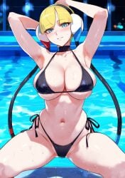 1girls ai_generated bare_arms bare_legs bare_shoulders bare_thighs bikini bikini_bottom bikini_top blonde_hair blue_eyes blush clothed clothing color elesa_(pokemon) elesa_(pokemon_bw) female female_focus female_only game_freak gym_leader hi_res light-skinned_female light_skin looking_at_viewer nintendo pokemon pokemon_bw pokemon_trainer pool short_hair solo solo_female tagme thick_thighs truck_kun water