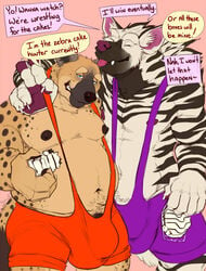 2021 anthro ball_bulge barely_visible_genitalia barely_visible_penis belly blep bulge chubby_male closed_eyes clothing cock_bulge dialogue digital_drawing_(artwork) digital_media_(artwork) duo english_text fur genitals holding_object hyaenid koorivlf looking_at_viewer male male/male male_only mammal mostly_clothed muscular muscular_male navel nipples overweight overweight_male pawpads paws penis poking_out simple_background smile smirk snaggle_tooth spotted_hyena striped_hyena text tongue tongue_out wrestling_singlet zebra_cakes