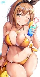 1girls atelier_(series) atelier_ryza belko bikini breasts brown_eyes brown_hair female hi_res hips hourglass_figure huge_breasts large_breasts light-skinned_female light_skin naughty_face reisalin_stout short_hair slim_waist smile thick_thighs thighs wet wide_hips