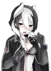 artist_request black_and_white_hair black_eyes black_hair blush bra cleavage female female_only food hair_between_eyes ice_cream looking_at_viewer made_in_abyss open_shirt ozen pale-skinned_female pale_skin popsicle sexually_suggestive short_hair solo tongue_out two_tone_hair upper_body whistle whistle_around_neck