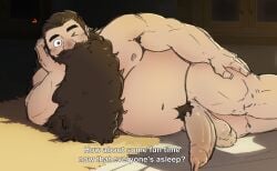 >:) 1boy absurdres armpit_hair armpit_hair_peek bara beard belly completely_nude derivative_work dungeon_meshi dwarf english_text facial_hair fat fat_man flaccid foreskin full_beard girthy_penis highres large_pectorals long_beard looking_at_viewer lying male_focus male_only male_pubic_hair mature_male moustache muscular muscular_male navel nipples nude on_side one_eye_closed pectorals penis phosbara pubic_hair screenshot_redraw senshi_(dungeon_meshi) solo solo_male stomach subtitled thick_beard thick_mustache uncensored v-shaped_eyebrows very_long_beard