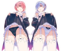 10s 2girls 40hara angry black_panties blue_eyes blue_hair breasts disgust garter_straps hair_ornament hairclip lifted_by_self looking_at_viewer maid medium_breasts multiple_girls panties pink_hair ram_(re:zero) re:zero_kara_hajimeru_isekai_seikatsu red_eyes rem_(re:zero) scowl shaded_face short_hair siblings sisters skirt skirt_lift thighhighs twins underwear white_background white_panties x_hair_ornament