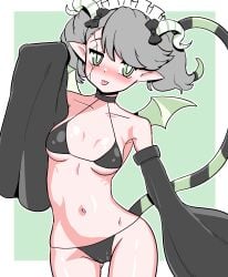 arianna_the_labrynth_servant bikini blush cameltoe demon_girl demon_tail demon_wings duel_monster elf_ears female grey_hair horns maid_headdress nancho navel pointy_ears sleeves_past_fingers sleeves_past_wrists sticking_out_tongue tagme yu-gi-oh!