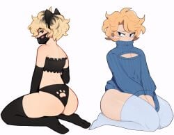 2boys 2femboys :3 big_ass black_thighhighs blonde_hair blue_eyes blue_thighhighs blush brown_eyes cat_ears cat_ears_hairband collage edit edited face_mask looking_at_another ms_pigtails paw_print_pattern sergey_sokolov short_hair simple_background sitting_on_knees sky_guy skyguyart thick_thighs third-party_edit turtleneck_sweater