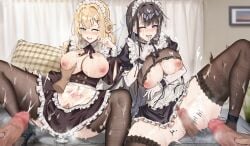 2girls absurdres black_hair blonde_hair breast_grab breasts censored cum cum_on_body cum_on_breasts cum_on_face cum_on_leg fang_qiao high_heels highres maid maid_headdress maid_uniform multiple_girls nipple_piercing nipples on_bed original piercing pubic_tattoo sweat tattoo thighhighs underwear