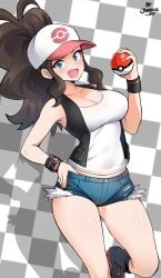 1girls :d absurdres bare_legs baseball_cap big_breasts black_vest black_wristband blue_eyes blush breasts brown_hair checkered_background cleavage denim denim_shorts drop_shadow exposed_pocket female game_freak hand_on_own_hip hat highres hilda_(pokemon) holding holding_poke_ball jarckius large_breasts looking_at_viewer nintendo poke_ball poke_ball_(basic) poke_ball_print pokemon pokemon_bw ponytail shirt short_shorts shorts sidelocks signature smile solo tomboy vest white_shirt wholesome wristband xtransceiver