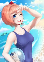 1female 5_fingers blue_eyes bow breasts doki_doki_literature_club female hairbow just_sayori mr._cow_(doki_doki_literature_club) one-piece_swimsuit red_bow sayori_(doki_doki_literature_club) strawberry_blonde_hair swimwear thedirtydollar